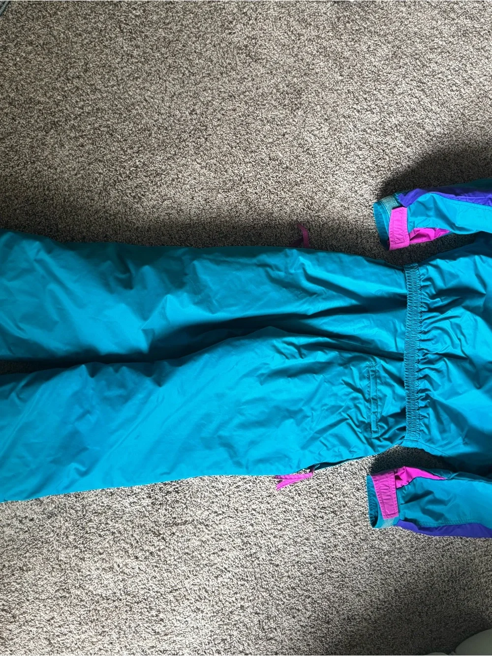 VINTAGE.  Columbia Teal Ski One-Piece Suit with Purple and Pink Accents